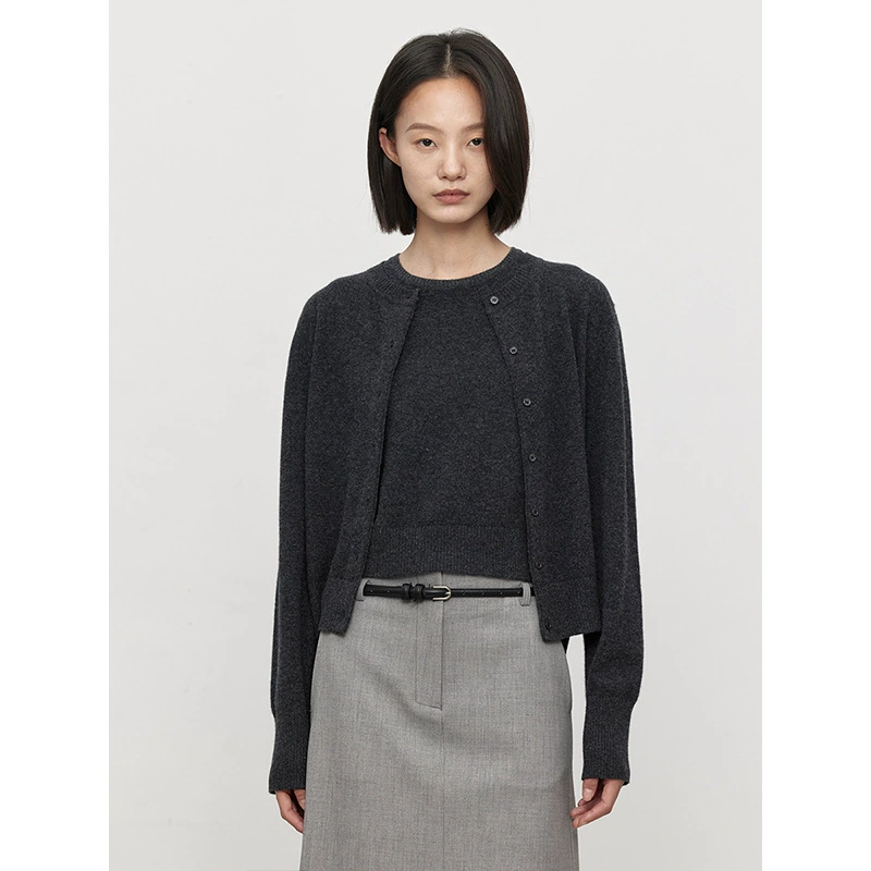 【Shiji】Мягкий и простой универсальный трикотажный жилет из чистой шерсти с круглым вырезом, короткий, оливково-зеленый, для повседневной носки