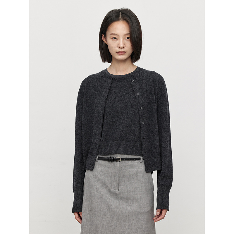 【识几】All-Wool Simple Casual Versatile Commuter Round-Neck Olive Green Knitted Cardigan/Inner Vest for Women