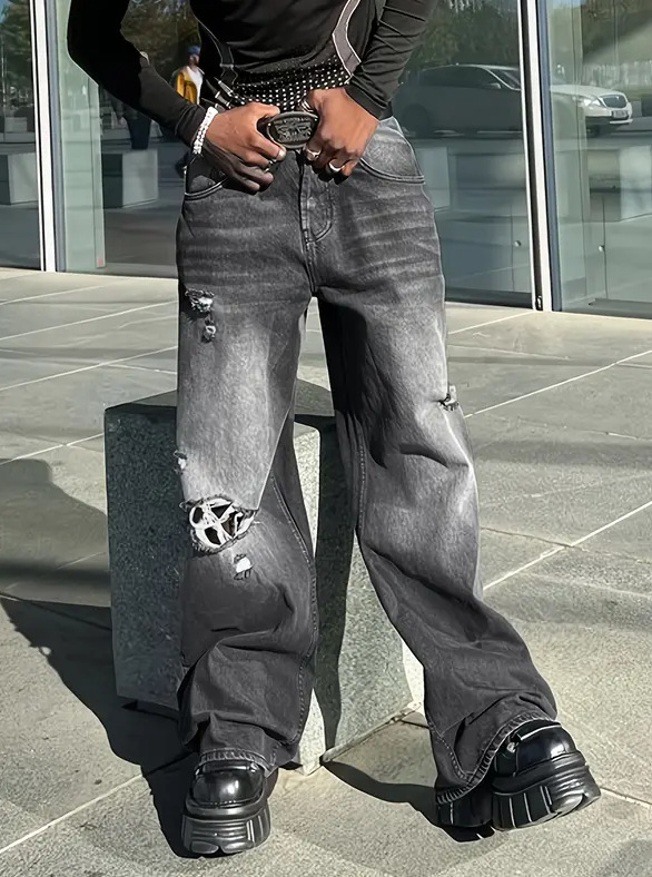 Cross-border retro americano viejo desgastado jeans hombre callejero de tendencia suelta pantalones rectos largos de piernas largas