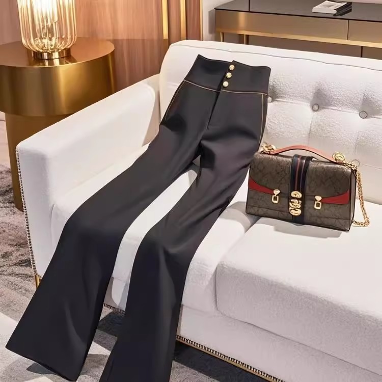 Black Women's Pants Trendy Relaxed High-Waisted Slimming Straight Leg Slightly Flared Design Perfect For Spring 2025_voghion.com