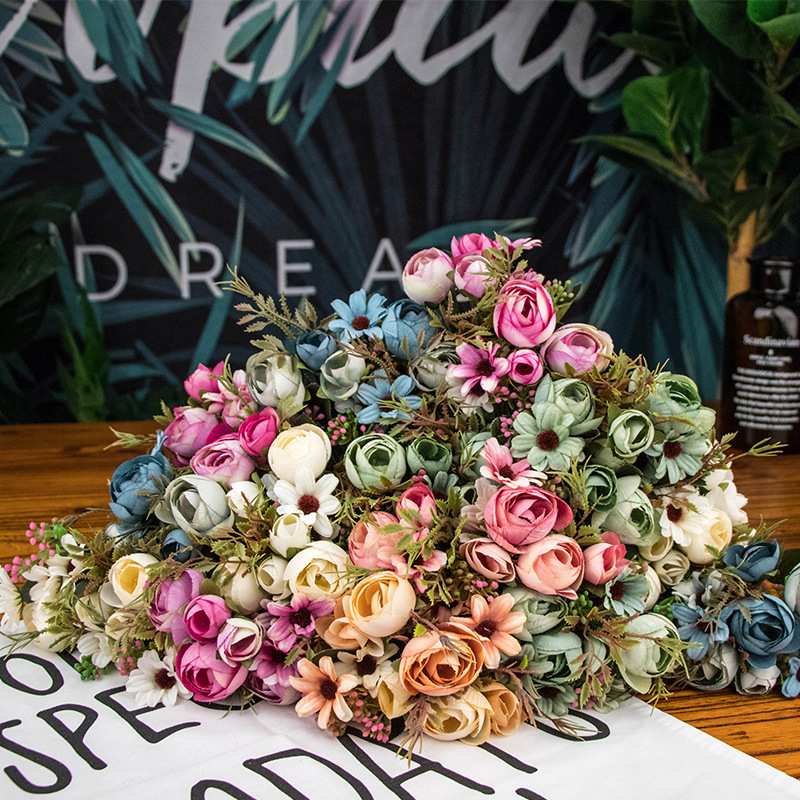 Nordic Man Made Silk Flower Wholesale Tea Rose Wedding Home Decor Artificial Flower Fake Flower Pearl Bouquet 5 Colors Available