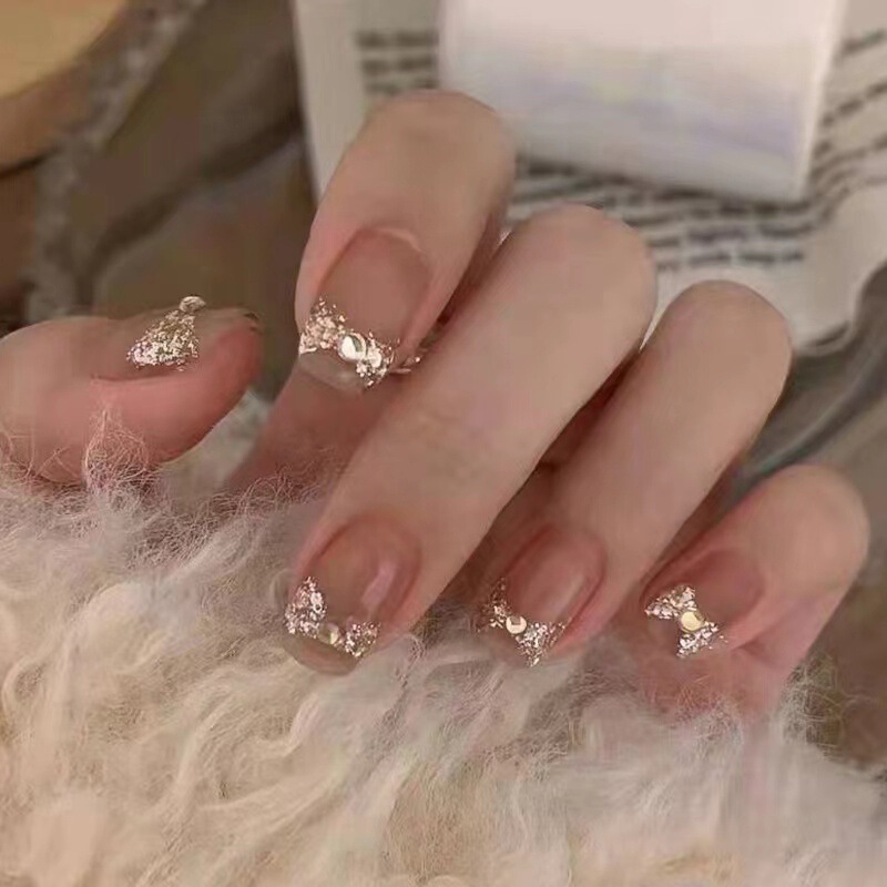 Dark Nude Dot Drill Bow Wear Armor Removable Fake Nail Sticker Short Fairy Nail Sticker Finished Nail Sticker