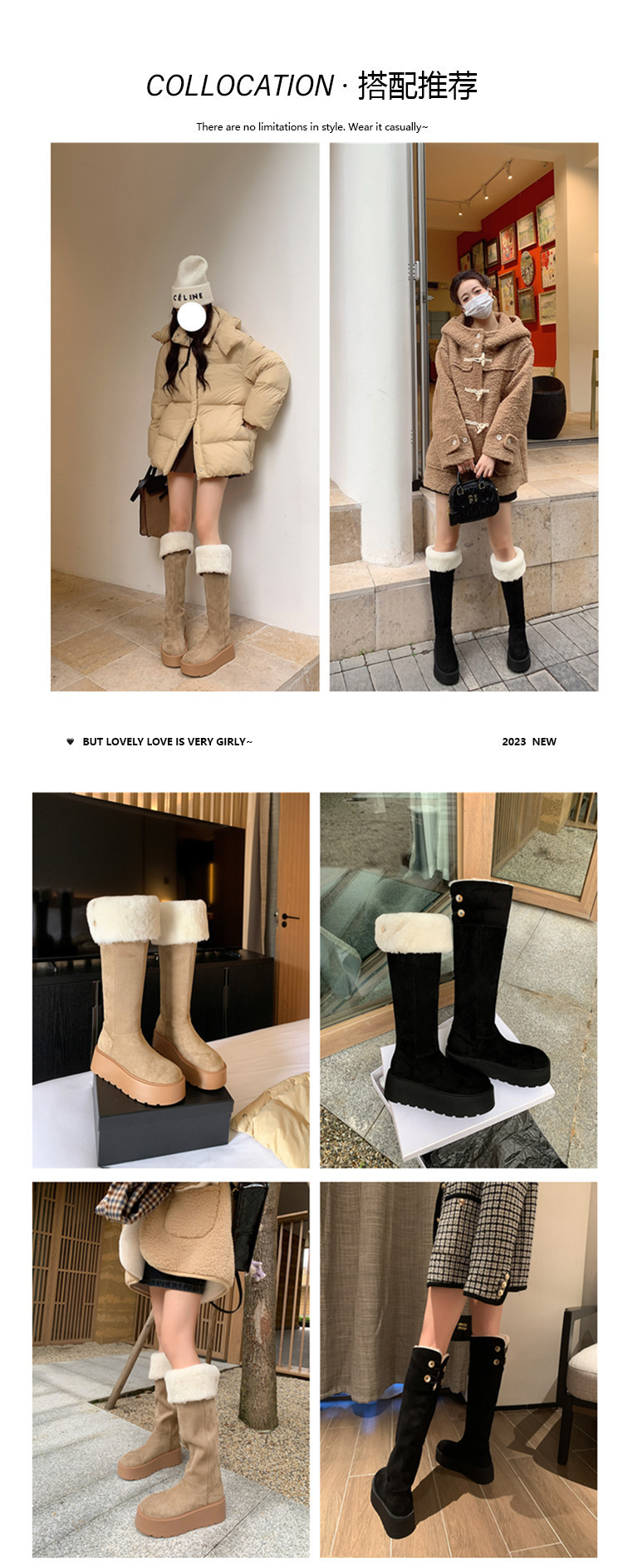Boot nữ cổ cao lông cừu ấm áp đế dày tăng chiều cao — màu đen chi tiết 4