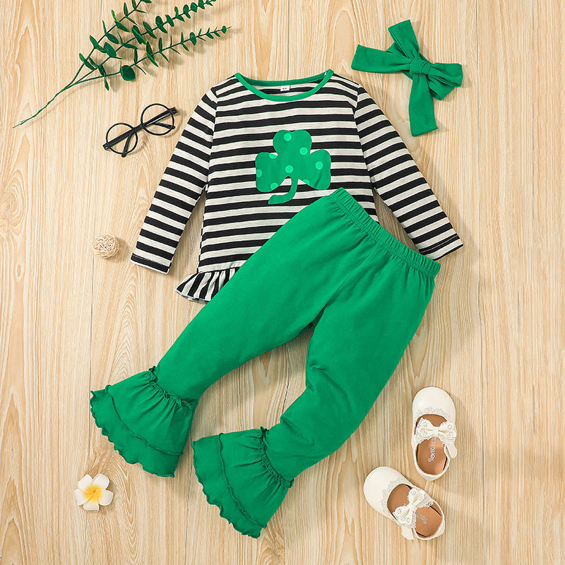 Kid Striped Top Flared Pants Suit Children's Clothing Green Children's Suits display picture 10