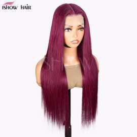 跨境真人发假发99J#13*6前蕾丝酒红色直发头套human hair lacewig