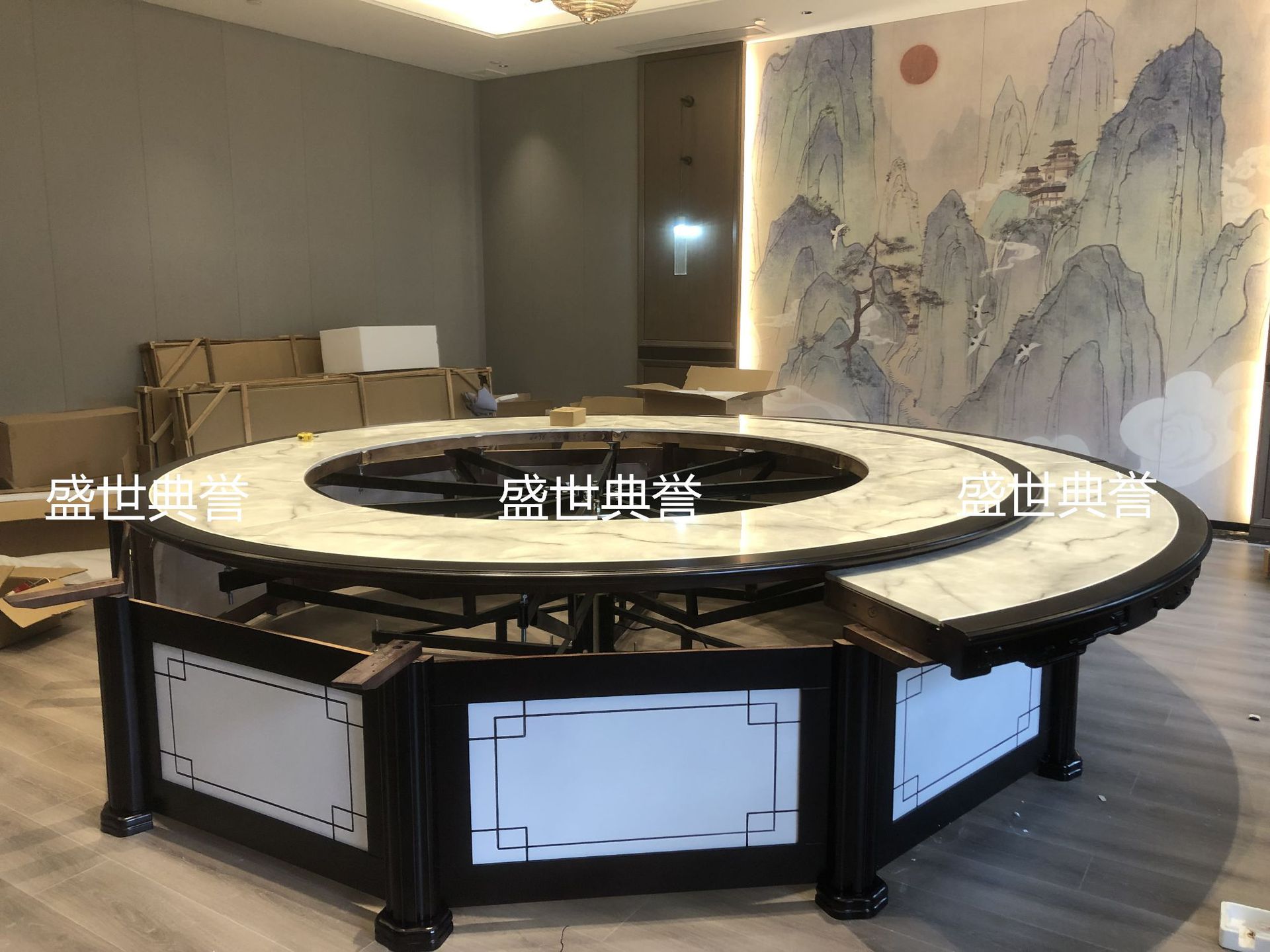 运城星级酒店大理石电动餐桌宾馆包厢新中式实木桌餐厅豪包大圆桌详情10