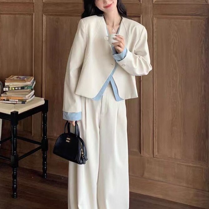 High-End Style, Small Fragrant Suit, Short Jacket, Women's Spring New Casual Slimming Look Wide-Leg Trousers Two-Piece Set
