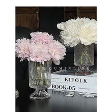 法式复古轻奢浮刻花透明高脚玻璃花瓶鲜花花