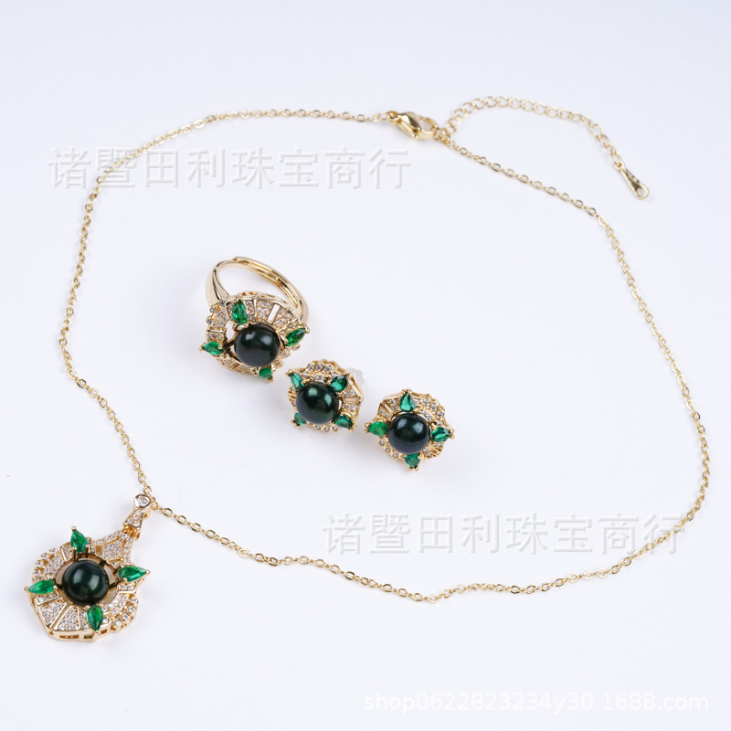 (2개) ZHUJI 특별 가격 도매 하이 엔드 라이트 럭셔리 천연 담수 진주 3 피스 쥬얼리 세트 틈새 지르콘 그린