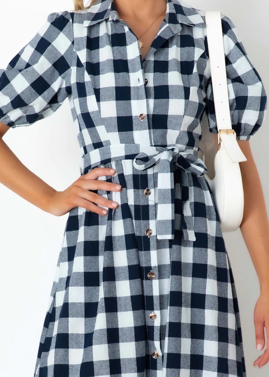 button plaid lapel lace-up short sleeve slim dress NSJRM131524