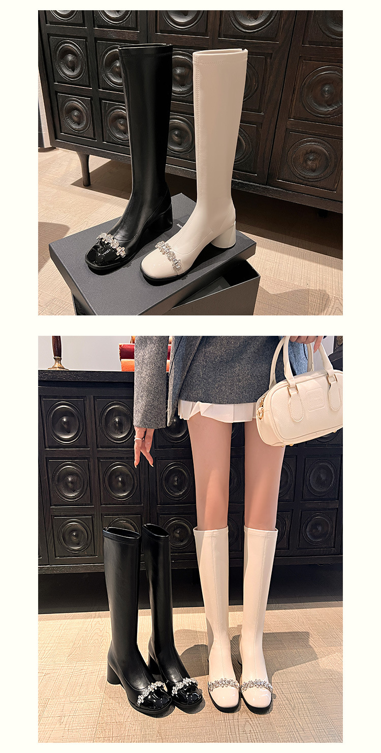 Boot nữ cổ cao ôm bắp chân phong cách vải tuýt, gót thô 5 cm, đế dày, mũi tròn — nhung đen, Lớp lót đơn màu trắng nhạt, Lớp lót đơn màu đen, Lớp lót nhung màu trắng nhạt chi tiết 22