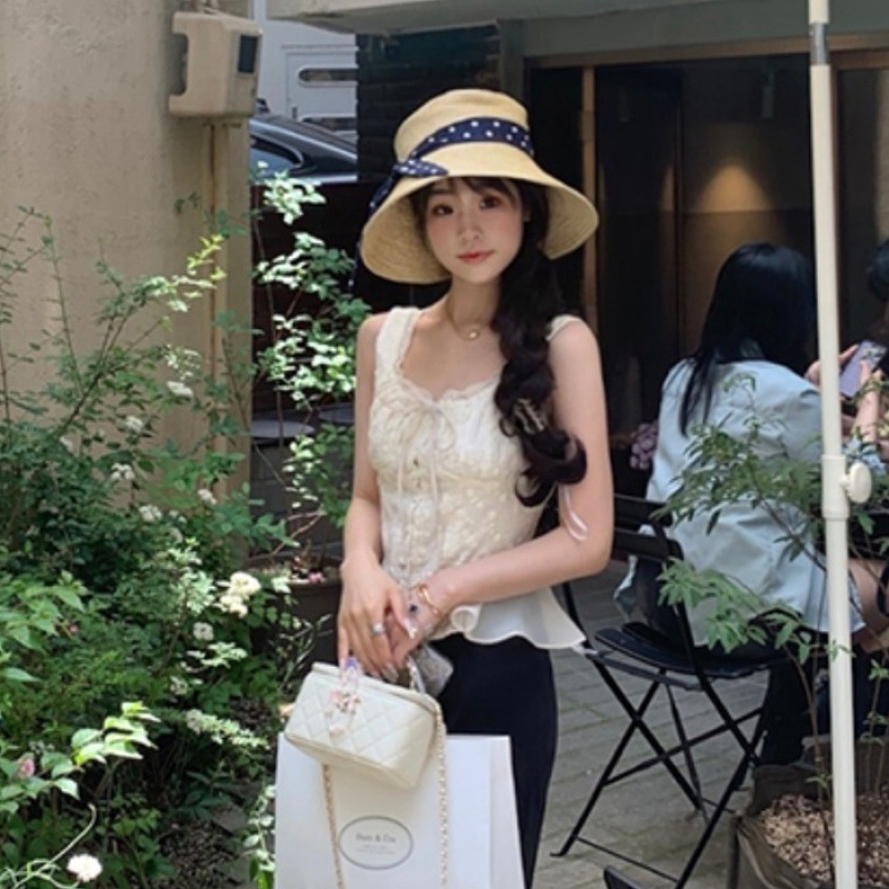 清纯小白花 蕾丝收腰无袖上衣显瘦花边纯欲风甜妹背心女|undefined