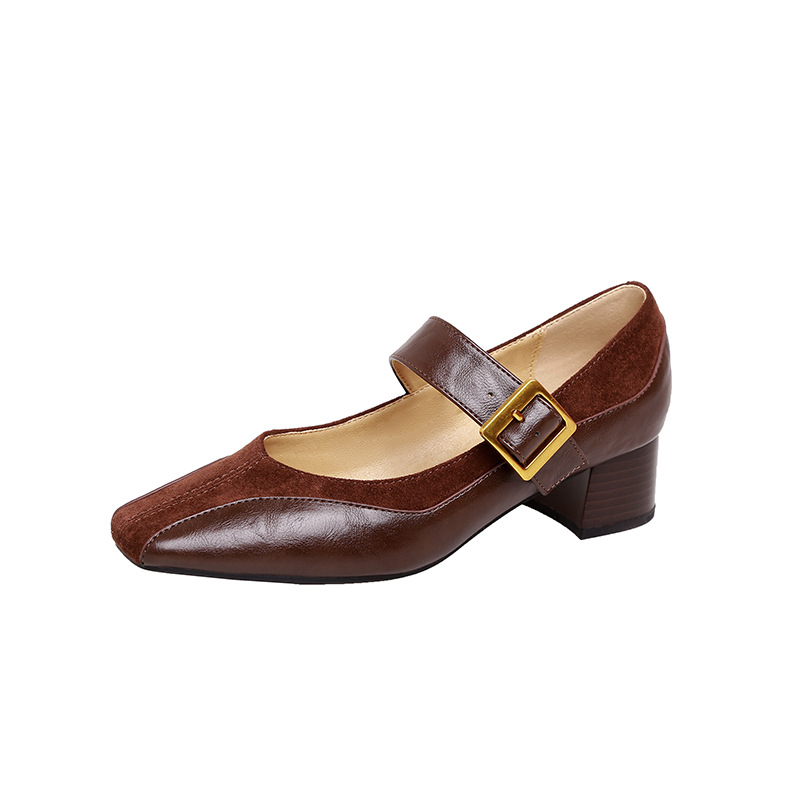Primavera nuevo estilo retrógrado francés cabeza cuadrada hebilla de talón grueso zapatos de moda universal zapatos de boca superficial para mujeres