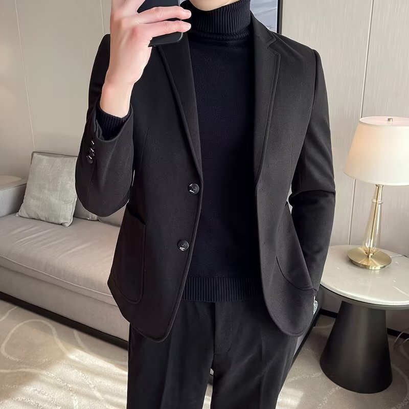 Light Mature Style Woolen Small Suit Men's K-Style 2023 Autum New Simple Style Loose Casual Suit Jacket