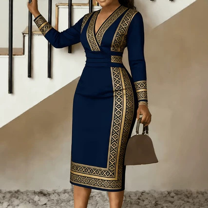 New Women's Elegant V Neck Long Sleeve Dress Style Digital Print_ecoleips.com