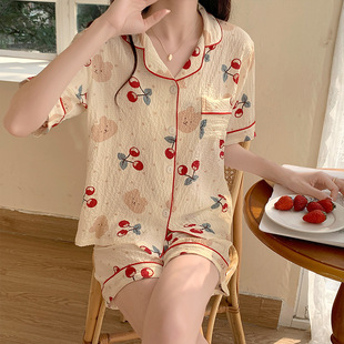Pajamas Women's Summer 2023 New Cherry Bear Bubble Short Sleeve Cute Summer Thin Home Clothes Ins suit