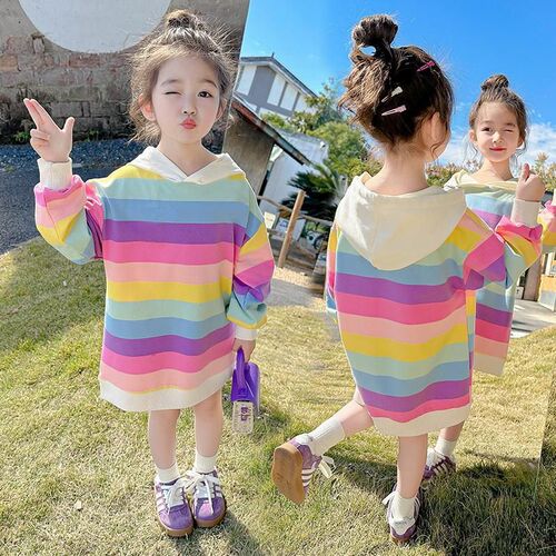 Girls' Health Check Dress 2025 Autumn Baby Girls Korean Version Stylish Medium Length Rainbow Striped Children's Dress