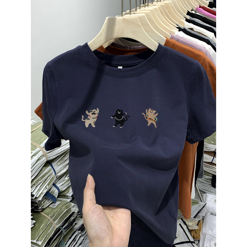 240g Pure Cotton Blue Right Shoulder Short-Sleeved Women's T-Shirt Summer Design Niche Chic and Beautiful Petite Wear Top