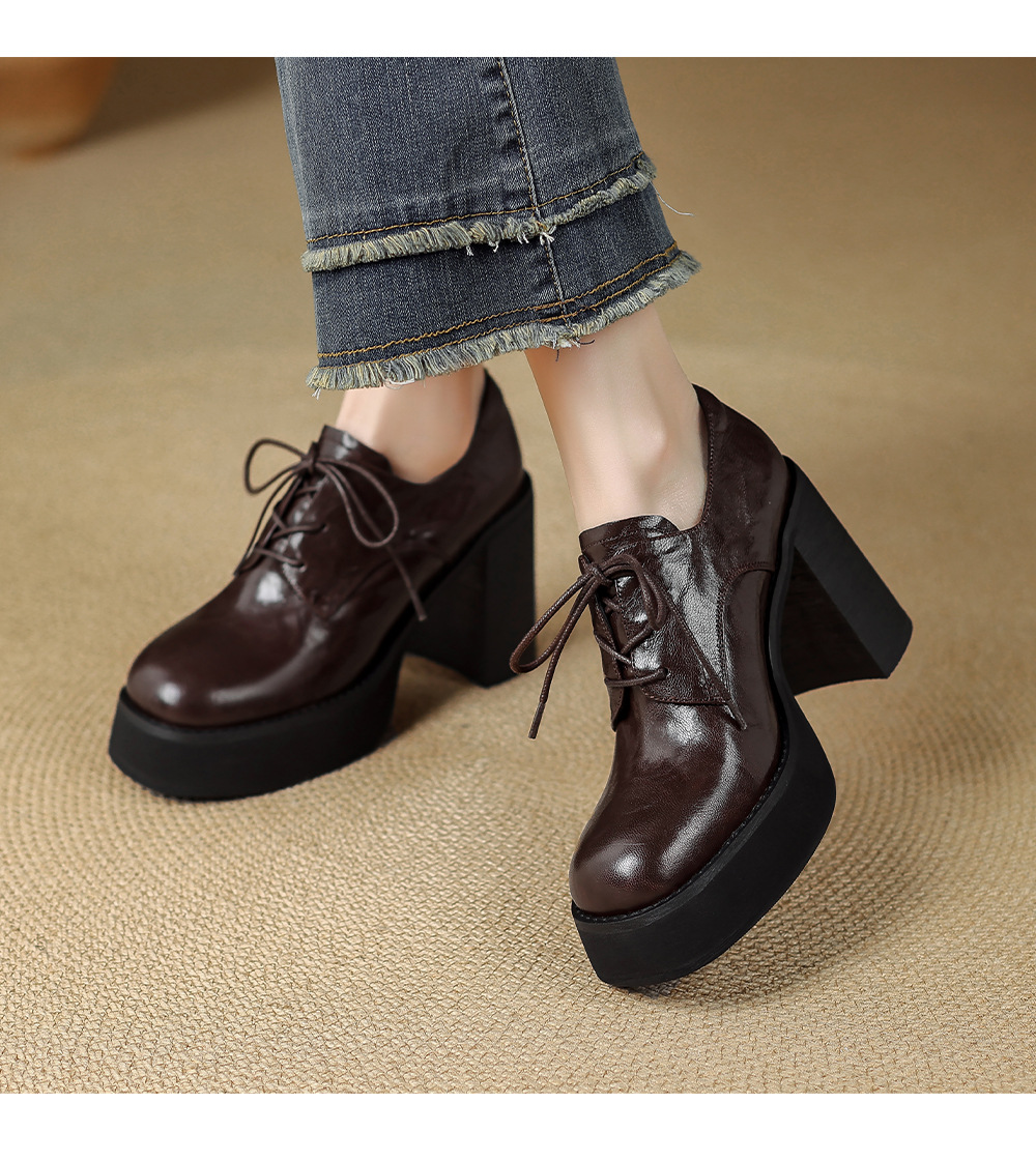 Giày cao gót nữ gót vuông 10cm phong cách Anh quốc buộc dây — màu nâu chi tiết 10