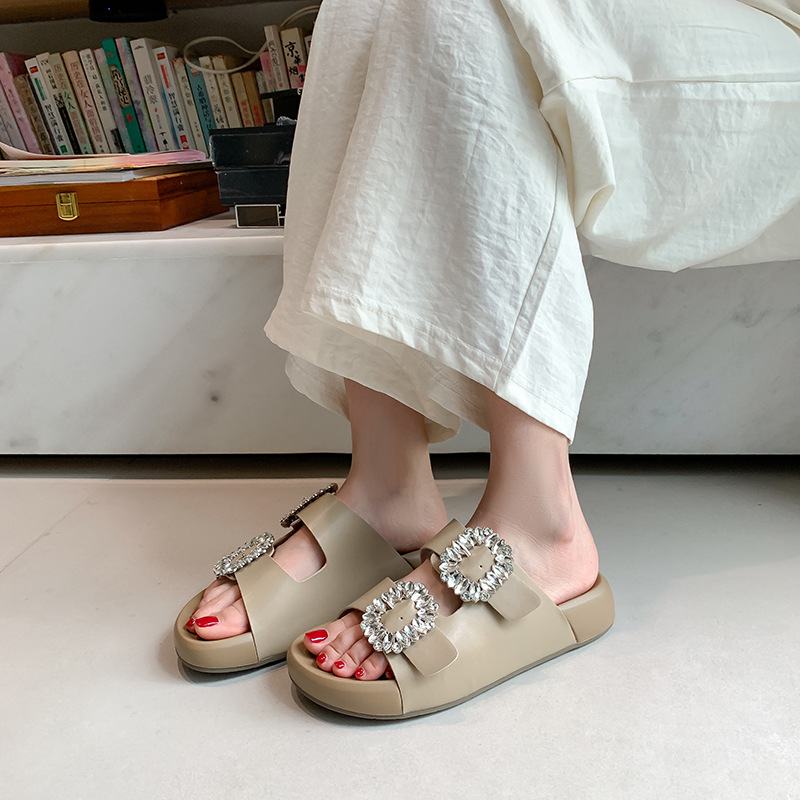 Square Buckle Rhinestone Genuine Leather Double Strap Small Thick-Soled Slippers for Women Summer Outer Wear Heightening Poop Feeling Small Size 32 Half Slippers