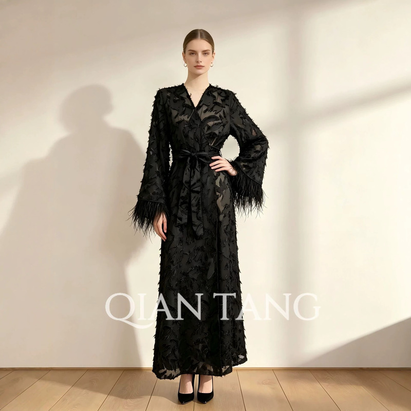 Cross-border foreign trade solid color feather tassel lace waist-cinching tie dress, popular Australian niche design fashion style Cross-border foreign trade solid color feather tassel lace waist-cinching tie dress, popular Australian niche design fashion style