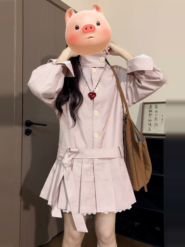 早秋季粉色长袖立领风衣连衣裙子女装2025新款温柔高知穿搭巨好看|undefined