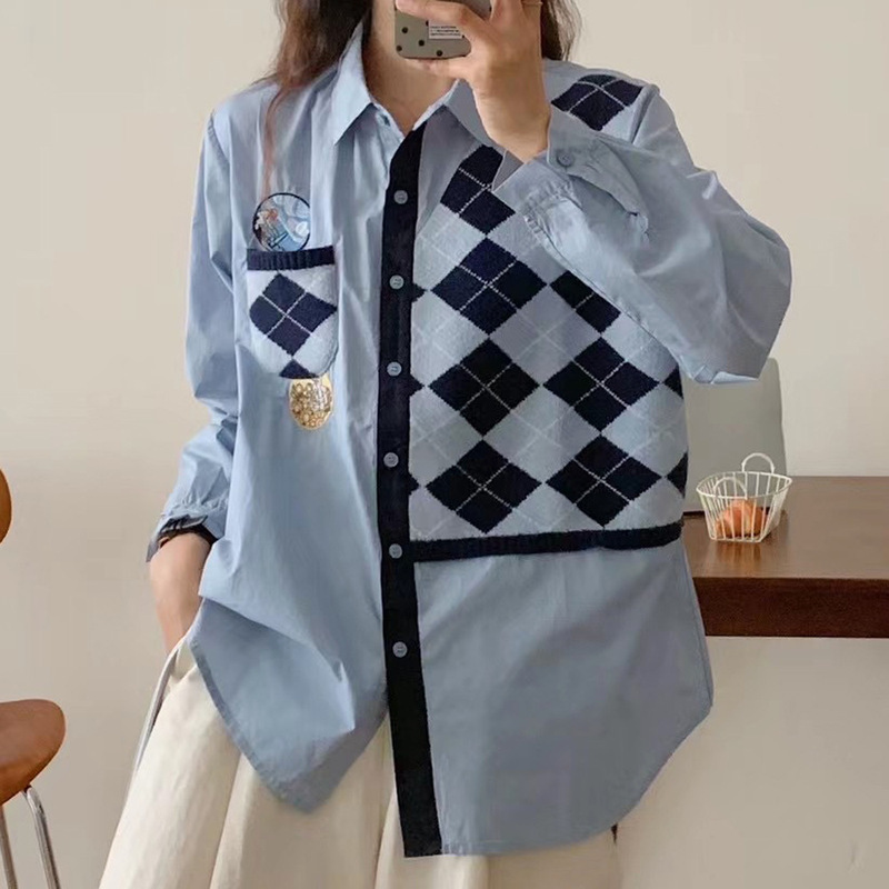 设计感法式小众春秋季新款假两件卡通拼接宽松休闲棉质刺绣显瘦上|undefined