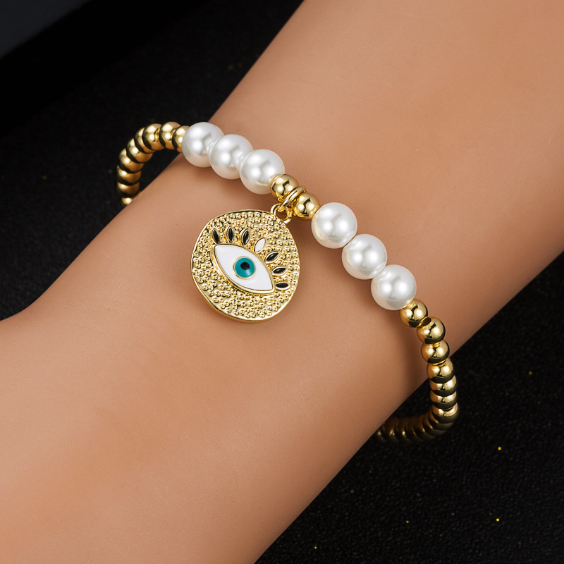fashion new copper gold-plated oil devilu0027s eye bracelet copper beads pearl elastic bracelet