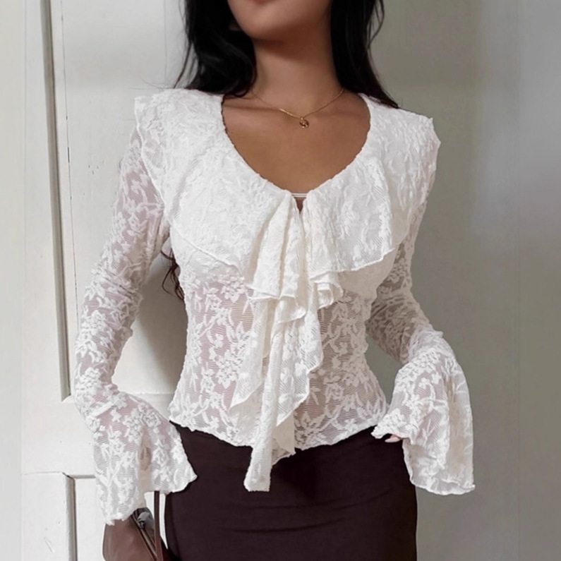 Elegant Commuter White Lace Top for Women 2026 Spring Design French Style Bell Sleeve Ruffle Shirt Women's Clothing Elegant Commuter White Lace Top for Women 2026 Spring Design French Style Bell Sleeve Ruffle Shirt Women's Clothing