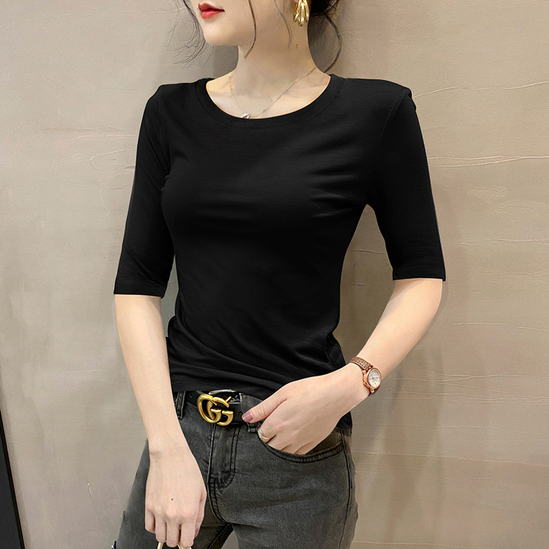 2025年新作女性用ラウンドネックミッドスリーブTシャツ、スリムフィット、七分袖ボトムシャツ、タイトトップ|undefined