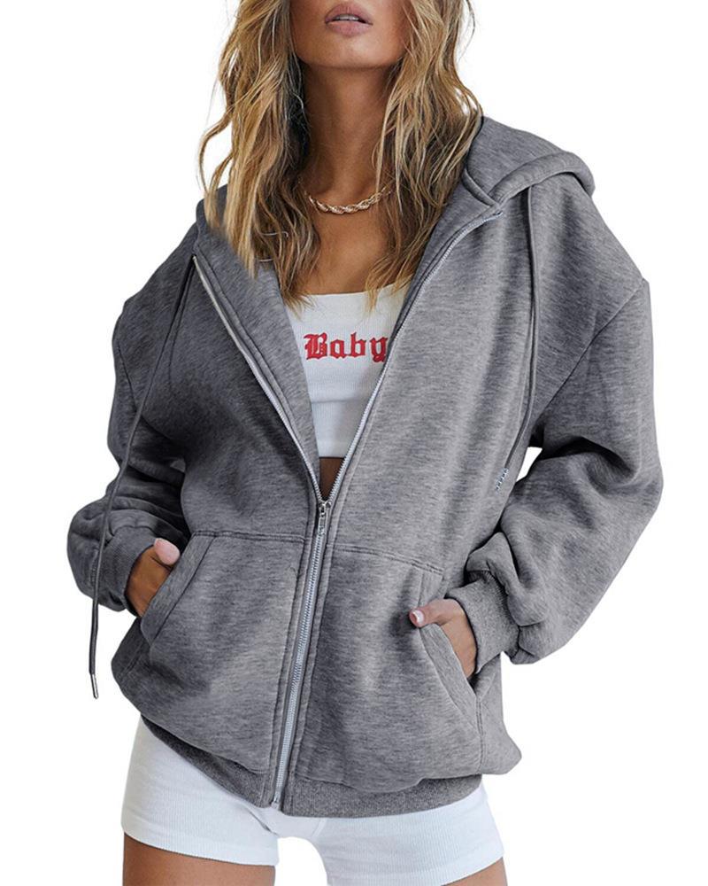 456g Weight Long Sleeve Sleeve Length Zipper Placket Type Regular Sleeve Sleeve Type Polyester Fabric Type Long Top Length Hoodie Tops Type Daily Occasion Hooded Neckline Regular Fit Fit Type Solid Color Pattern Spring, Autumn Season Women's Gender Pocket Design Streetwear Style Women's Streetwear Solid Color Pocket Zipper Hoodie 44