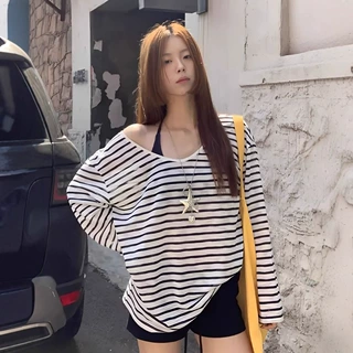 撞色V领条纹冰丝防晒长袖T恤女夏季薄款外搭宽松显瘦空调罩衫上衣