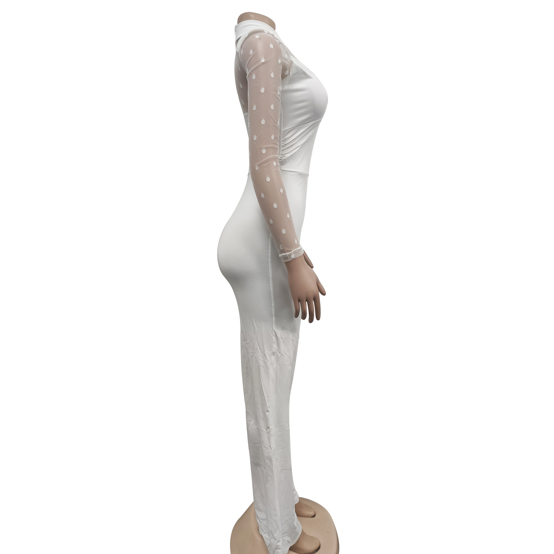 Women's Clothing fashion women's polka dot mesh see-through long-sleeved trousers solid color jumpsuit_voghion.com