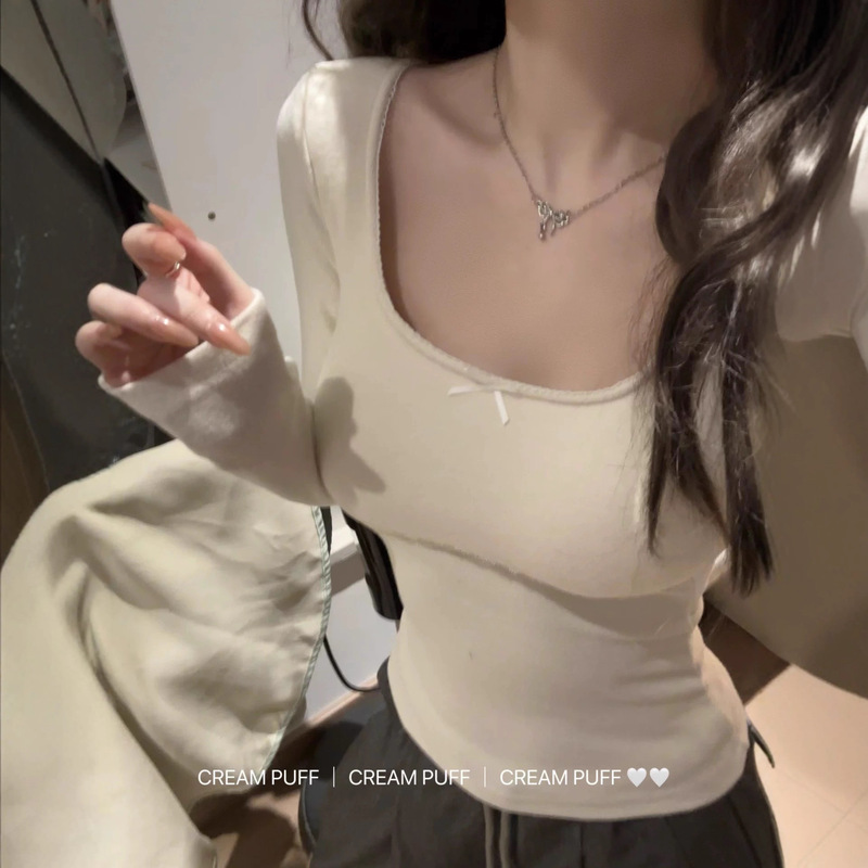 Pure Desire, Gentle and Beautiful, Pink Square Neck Lace with Breast Pads, Long-Sleeved Autumn T-Shirt, Single Wear Slim Bottoming Top
