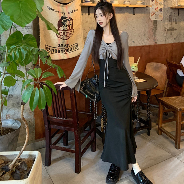 Hot Girl Black Halter Sling dress Women's Spring and Autumn Waist Split Inner Hip Fishtail Dress Two-piece Fashionable Set Hot Girl Black Halter Sling dress Women's Spring and Autumn Waist Split Inner Hip Fishtail Dress Two-piece Fashionable Set