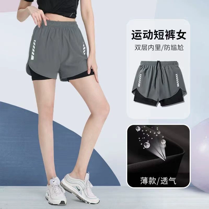 Новые летние двухслойные шорты, европейские и американские плавки для фитнеса, спортивные женские повседневные брюки с пятью точками, спортивные брюки на открытом воздухе