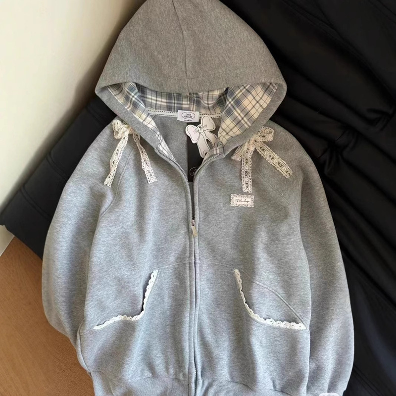 American Retro Plaid Lace Hooded Sweatshirt Spring & Fall New Oversize Loose Short-Sleeved Preppy Style Cardigan American Retro Plaid Lace Hooded Sweatshirt Spring & Fall New Oversize Loose Short-Sleeved Preppy Style Cardigan
