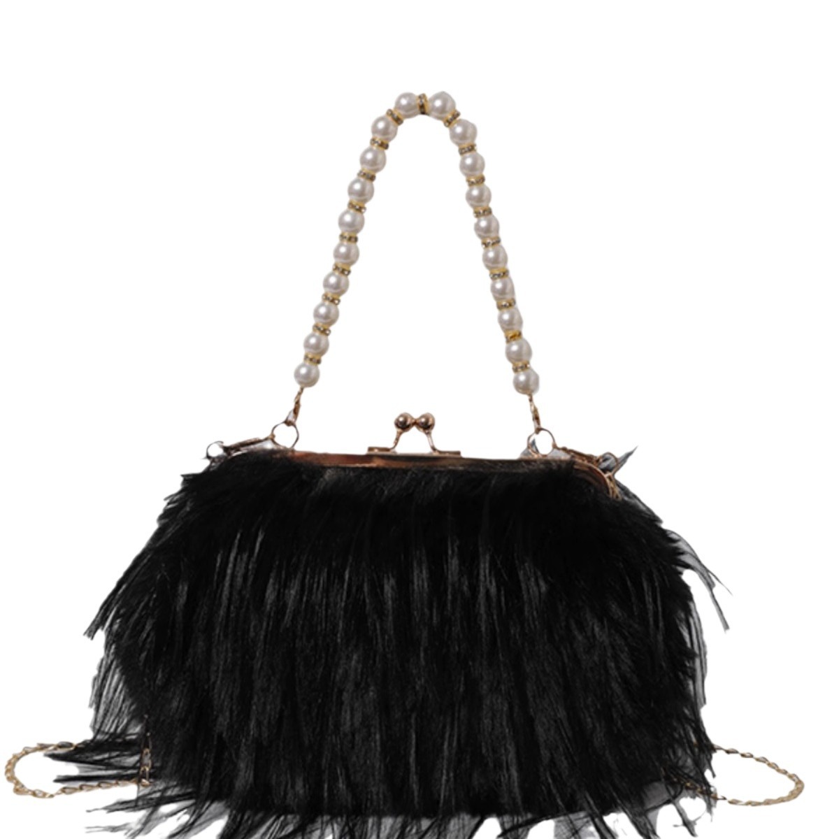 Women's Exquisite furry plush bag messenger bag autumn and winter plush bag pearl chain handbag_voghion.com