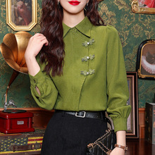 新中式女装气质盘扣polo领上衣早春款港风复古小衫高级感绿色衬衫