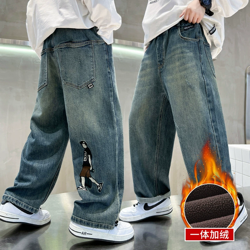 Тёплые утеплённые джинсы для мальчиков, подкладные штаны, размеры 115–160 см