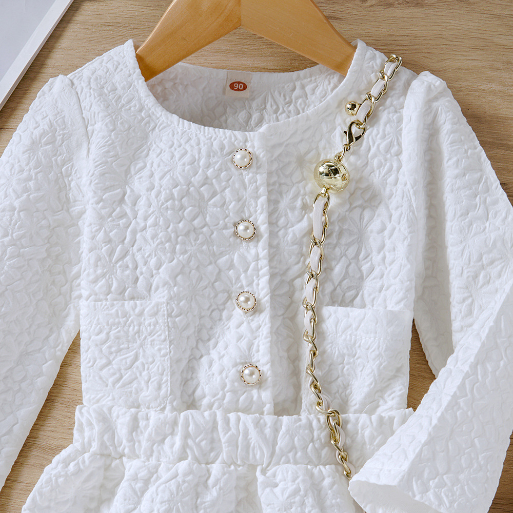 18M-6Y White Solid Color Pearl Style Button Tops And Skirt Two Pieces Set Baby Wholesale Clothing
