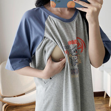 产后哺乳衣外出夏季棉长款短袖连衣裙月子服喂奶哺乳裙夏装辣妈款