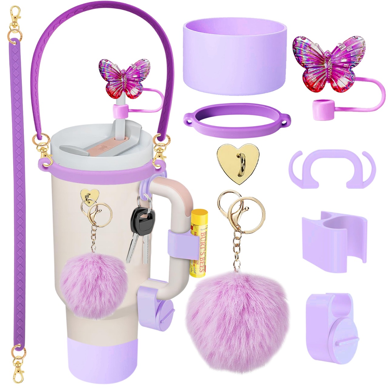 Accesorios de taza Stanley colgante de cuerda de mano flor de silicona gorra de paja de peluche colgante de taza cadena de taza de color cubierta de taza