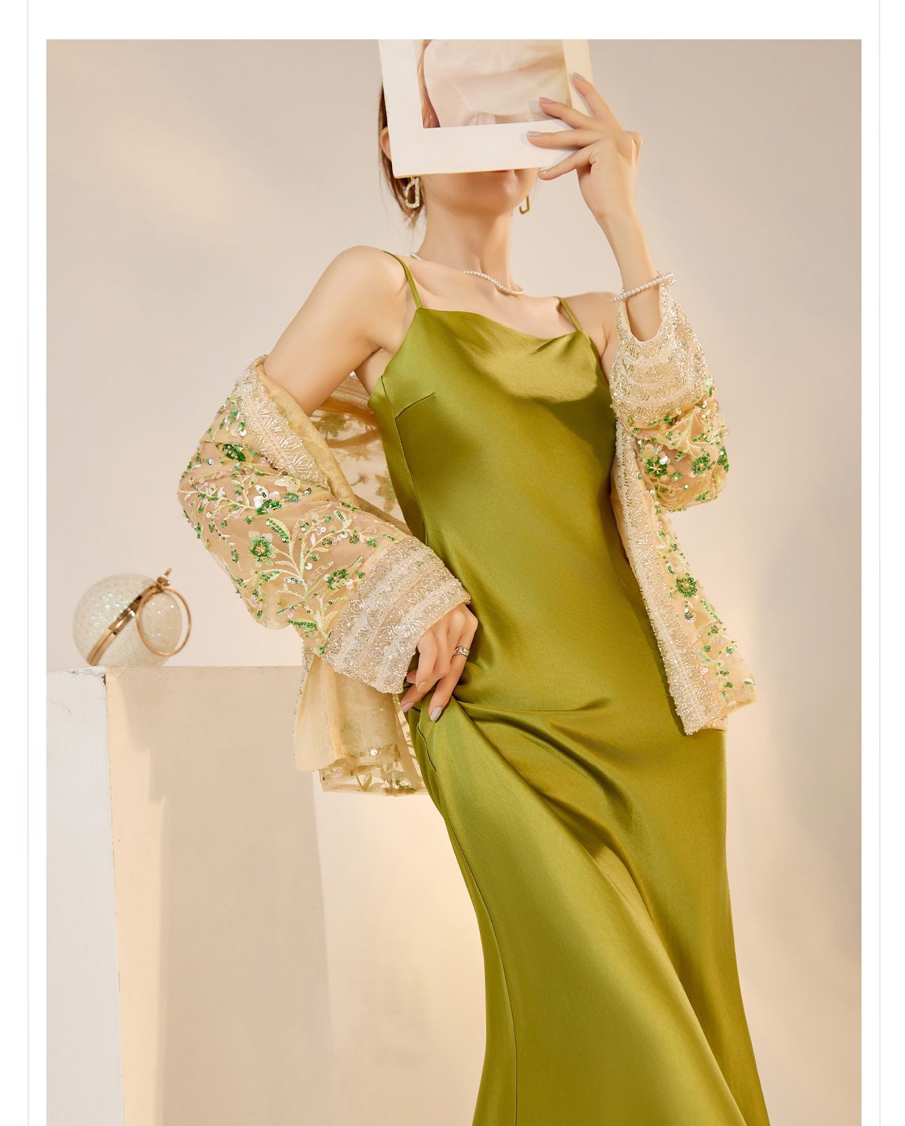 Đầm maxi acetate cao cấp phong cách Trung Hoa mới, kèm áo khoác thêu hạt đa năng N4020 — Váy hai dây, Áo khoác chi tiết 12