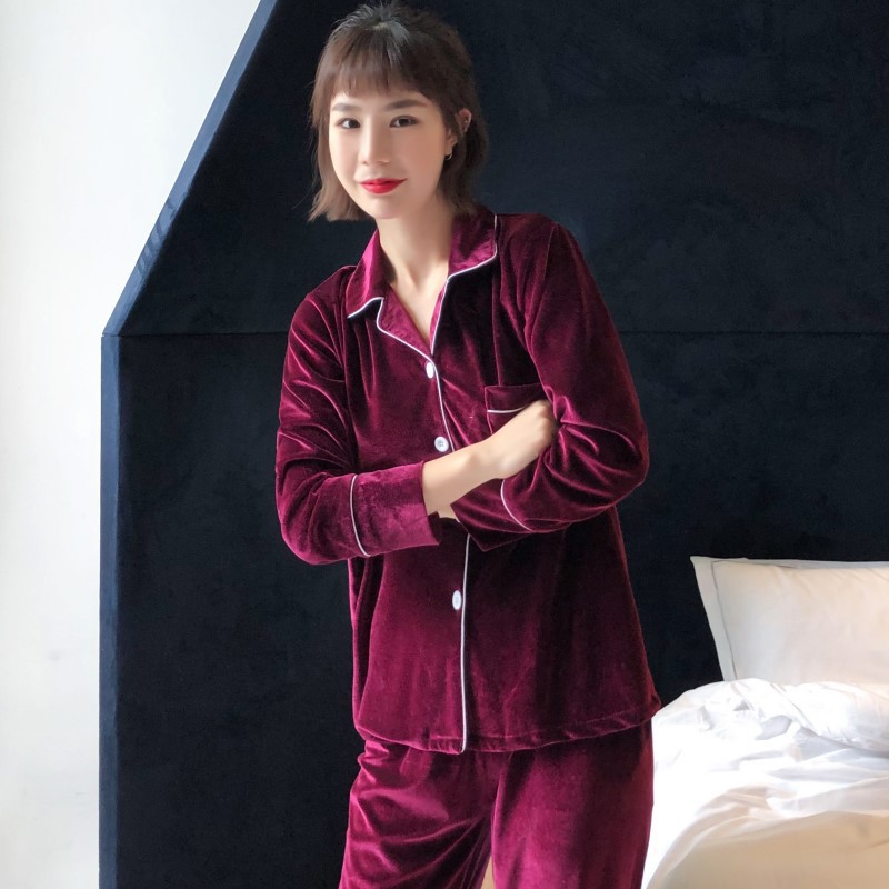 Oro de terciopelo pareja pijamas de las mujeres de estilo coreano de otoño y traje de invierno más tamaño de la boda de manga larga cardigan desgaste del hogar hombres