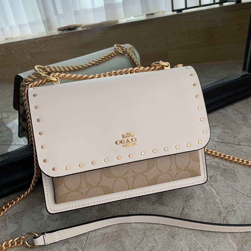 2022 New Women's Bag Klare Chain Accordion Bag with Rivet Print and Patchwork Design, Single Shoulder Crossbody Flap Small Square Bag