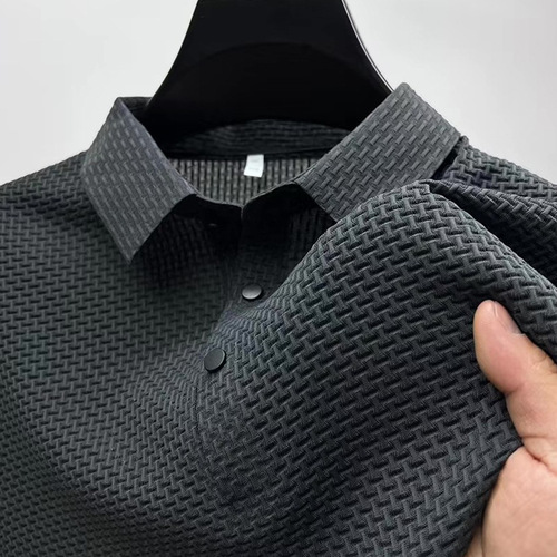 Elegant Short-Sleeve Polo Shirt for Men, Light Luxury Business T-Shirt, European Style, Refined Pure Color Brocade Casual Ice Silk Top