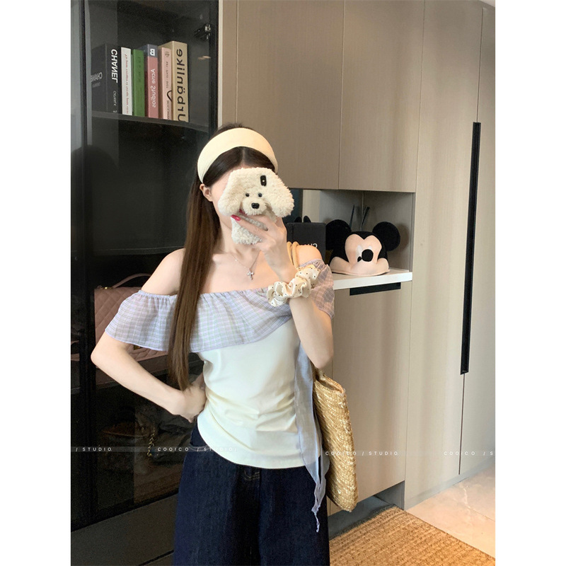 Pure Lust Chic ワンショルダー チェック柄 コントラストカラー 半袖 Tシャツ レディース 夏新作 ウエスト痩身 ユニークなトップ|undefined
