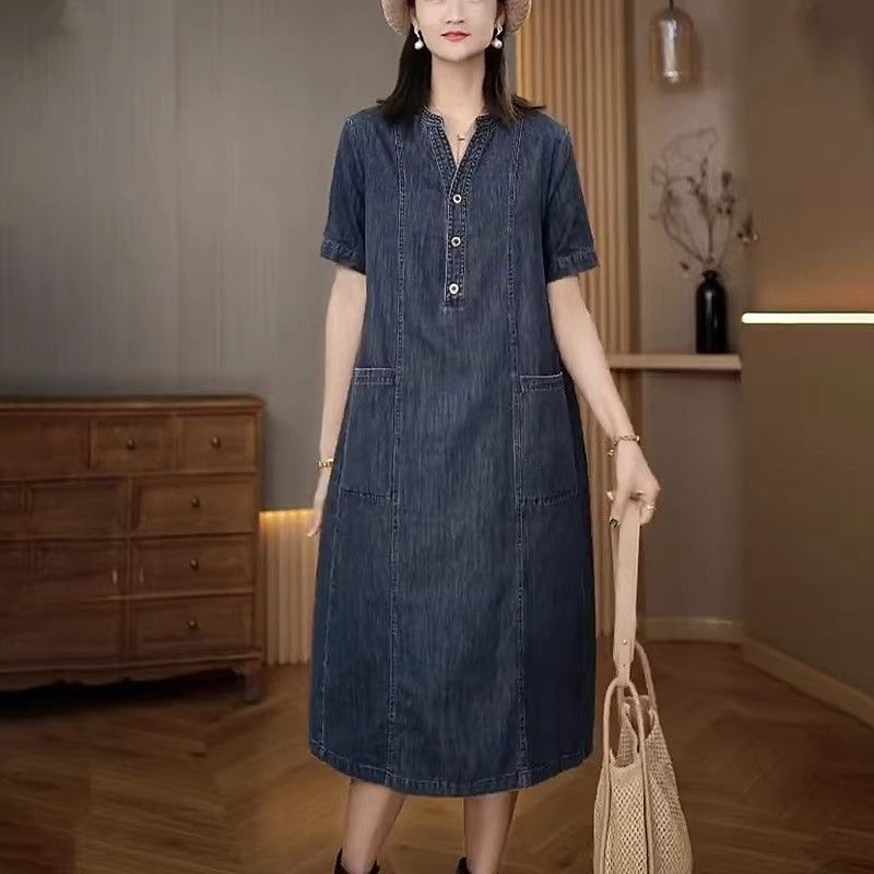 Elegant retro summer long denim dress