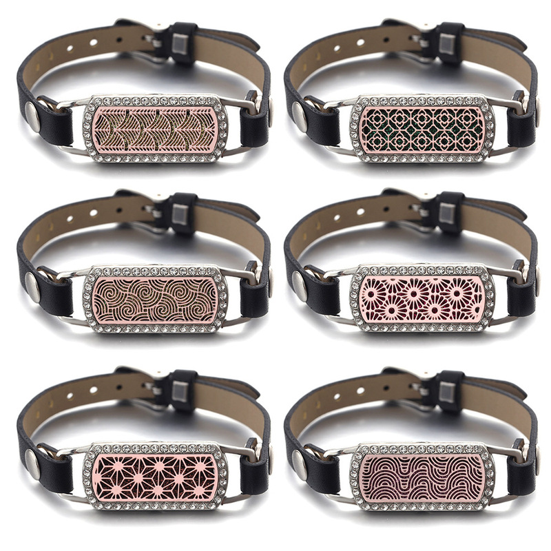 Rectangular aromatherapy bracelet simple adjustable leather bracelet essential oil diffuser perfume box with diamond corrugated bracelet